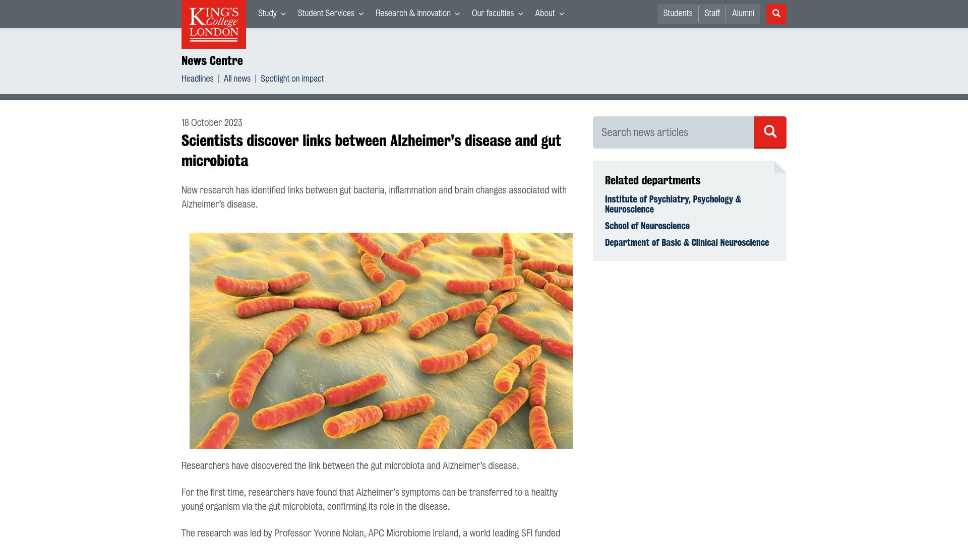 Screenshot of kcl.ac.uk: Scientists discover links between Alzheimer's disease and gut microbiota
