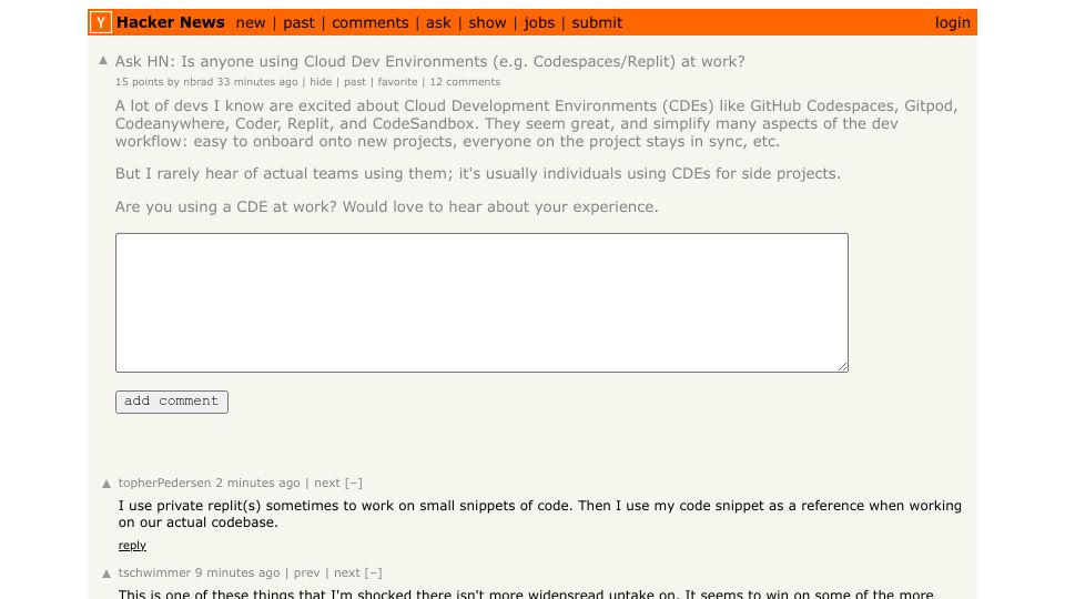 Screenshot of Hacker News post: Ask HN: Is anyone using cloud dev environments (e.g. Codespaces/Replit) at work?