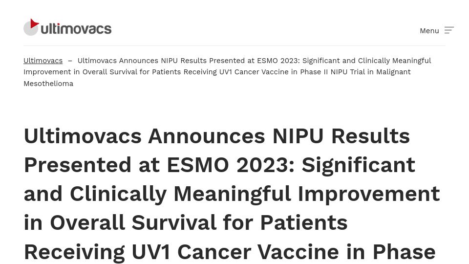 Screenshot of ultimovacs.com: Universal cancer vaccine trial shows significant improvement in overall survival