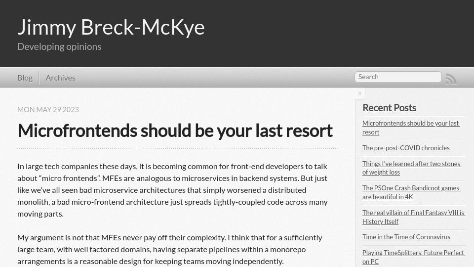 Screenshot of breck-mckye.com: Microfrontends should be a last resort