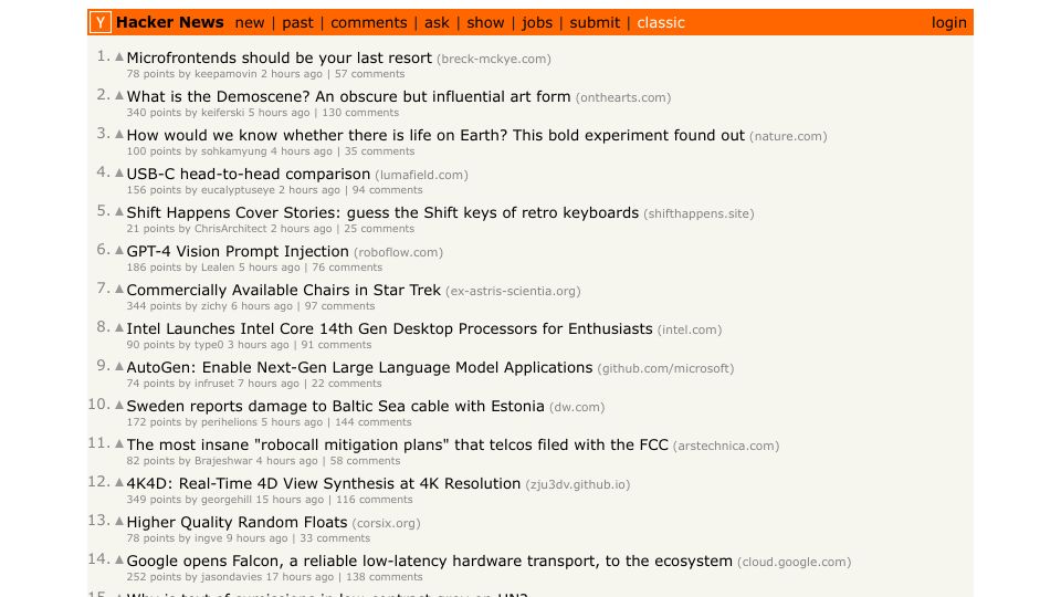 Screenshot of news.ycombinator.com: Hacker News Classic