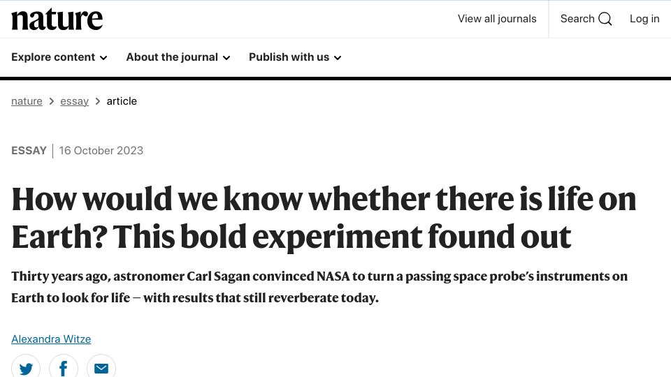 Screenshot of nature.com: A 1990 experiment to test whether we could discern life on Earth remotely