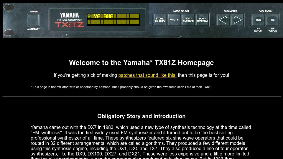 Screenshot of mgregory22.me: Yamaha TX81Z Homepage