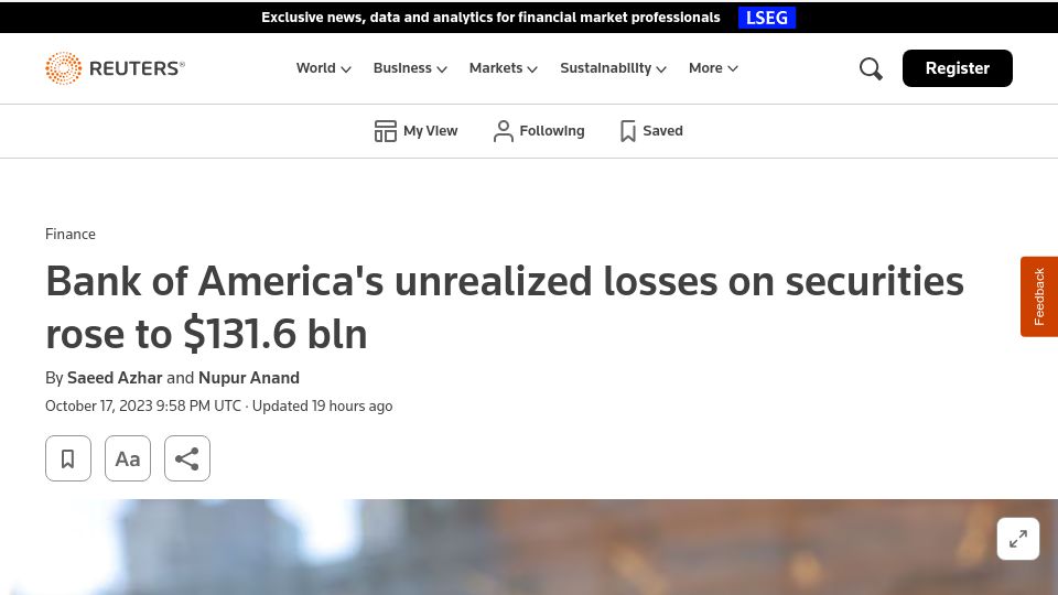 Screenshot of reuters.com: Bank of America's unrealized losses on securities rose to $131.6B