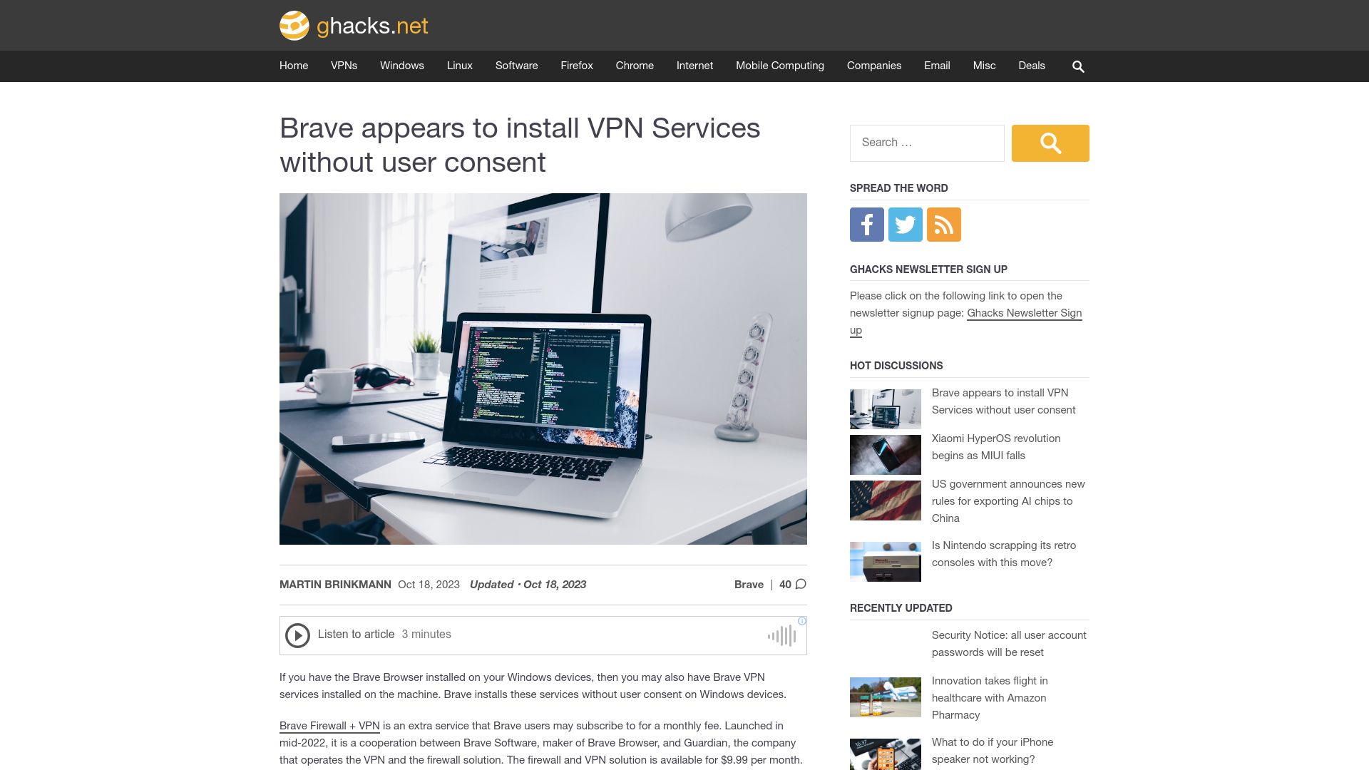 Screenshot of ghacks.net: Brave appears to install VPN Services without user consent