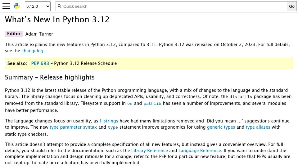 Screenshot of docs.python.org: What's New in Python 3.12