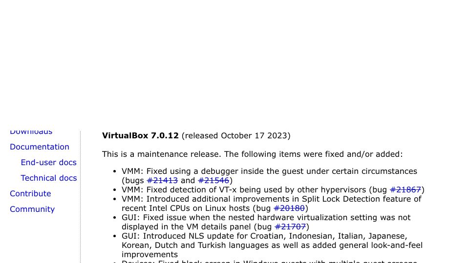Screenshot of virtualbox.org: VirtualBox 7.0.12
