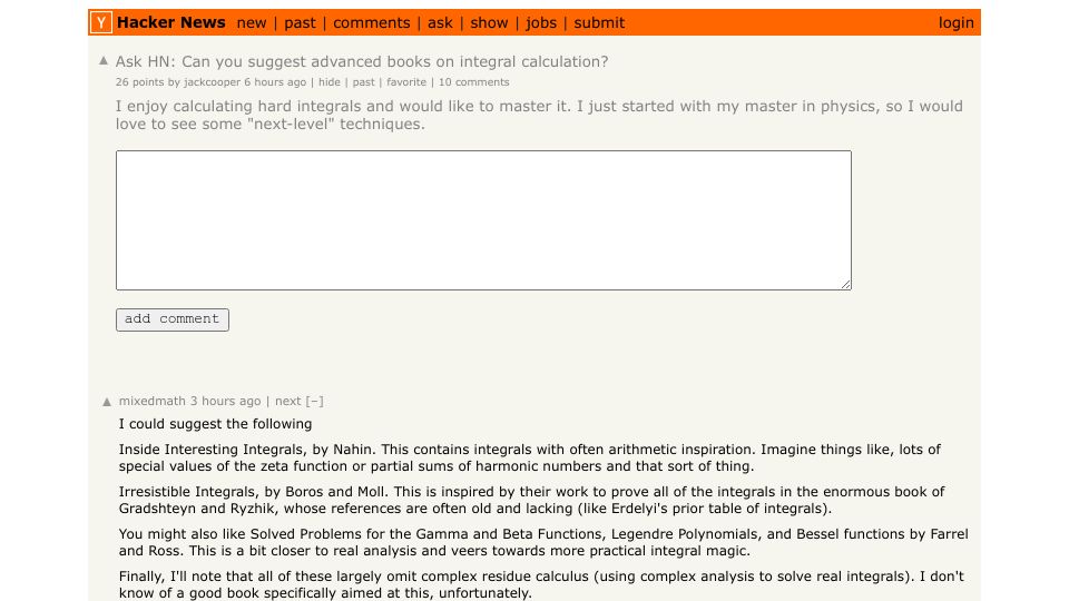 Screenshot of Hacker News post: Ask HN: Can you suggest advanced books on integral calculation?