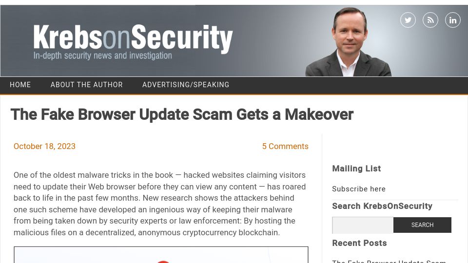 Screenshot of krebsonsecurity.com: The fake browser update scam gets a makeover