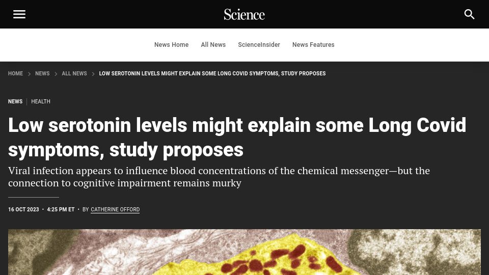 Screenshot of science.org: Low serotonin levels might explain some Long Covid symptoms, study proposes