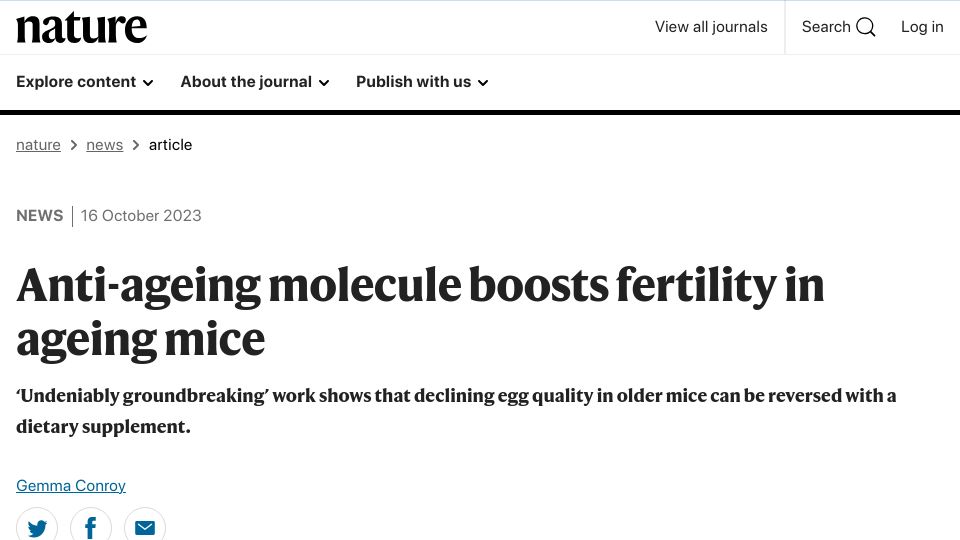 Screenshot of nature.com: Anti-ageing molecule boosts fertility in ageing mice