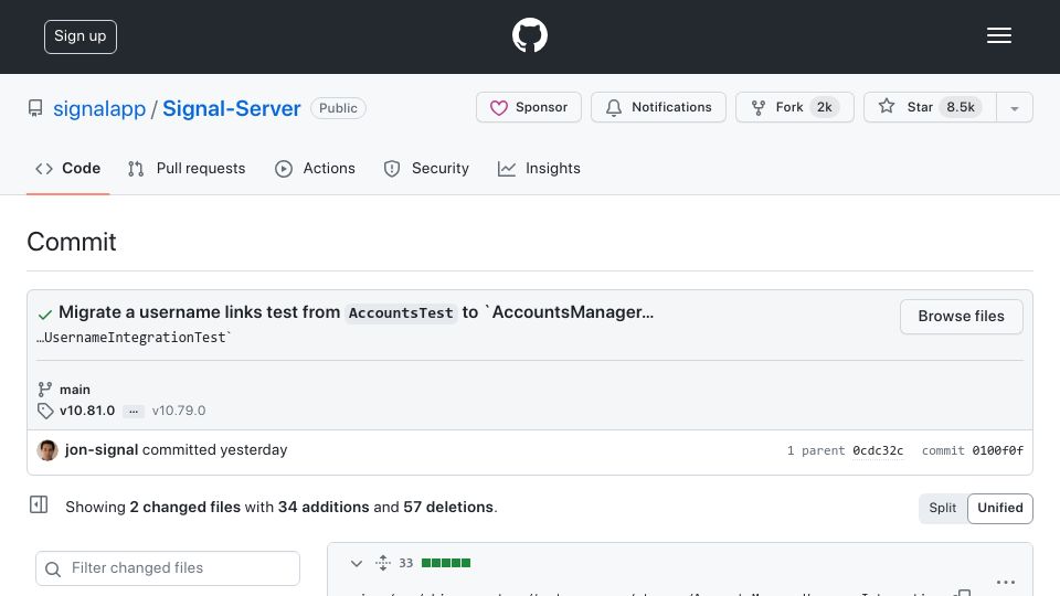 Screenshot of github.com: Signal commit Username Integration Test