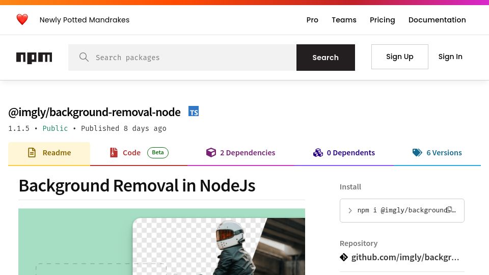 Screenshot of npmjs.com: Show HN: Open-source background removal in Node.js