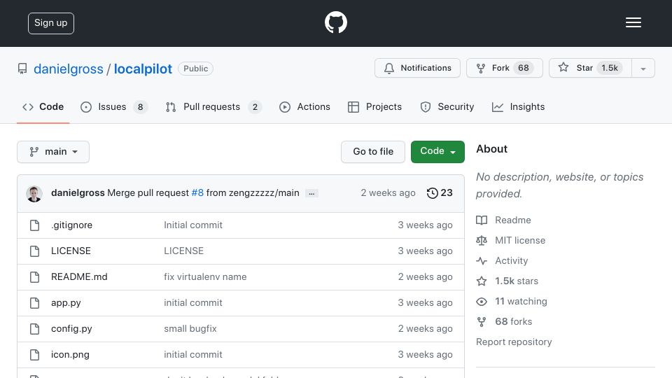 Screenshot of github.com: LocalPilot: Open-source GitHub Copilot on your MacBook