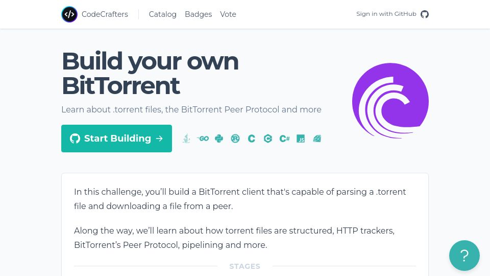 Screenshot of app.codecrafters.io: Build your own BitTorrent