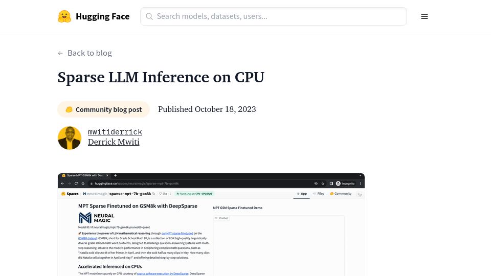 Screenshot of huggingface.co: Sparse LLM Inference on CPU: 75% fewer parameters