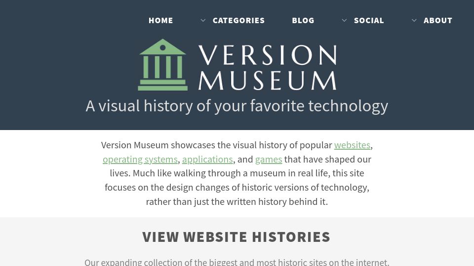 Screenshot of versionmuseum.com: Version Museum: A Visual History of Your Favorite Technology