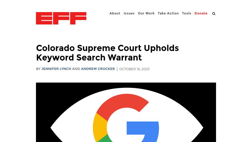 Screenshot of eff.org: Colorado Supreme Court Upholds Keyword Search Warrant