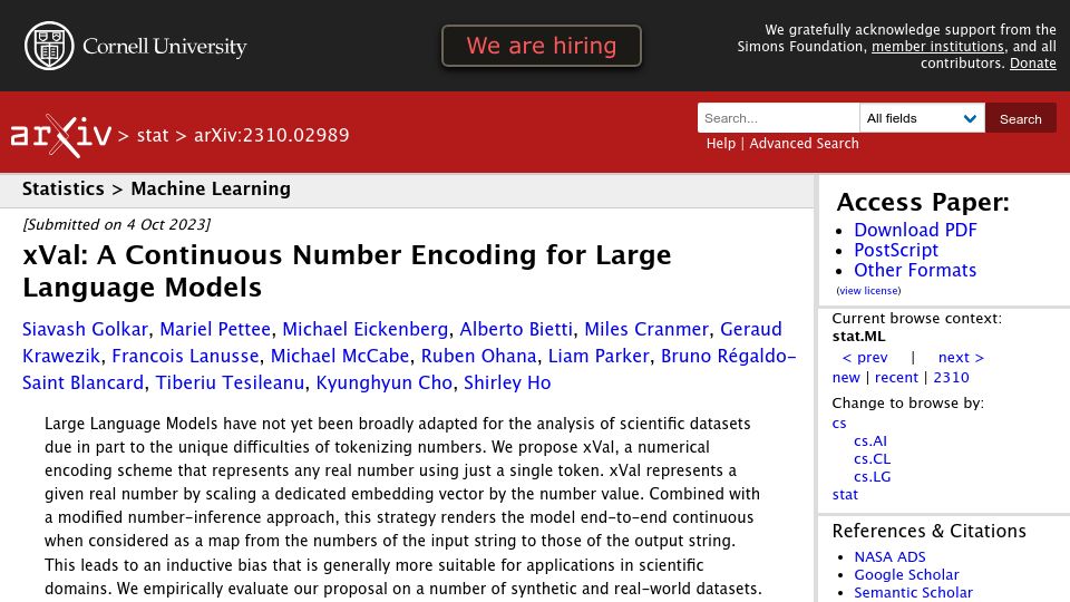 Screenshot of arxiv.org: xVal: A continuous number encoding for large language models