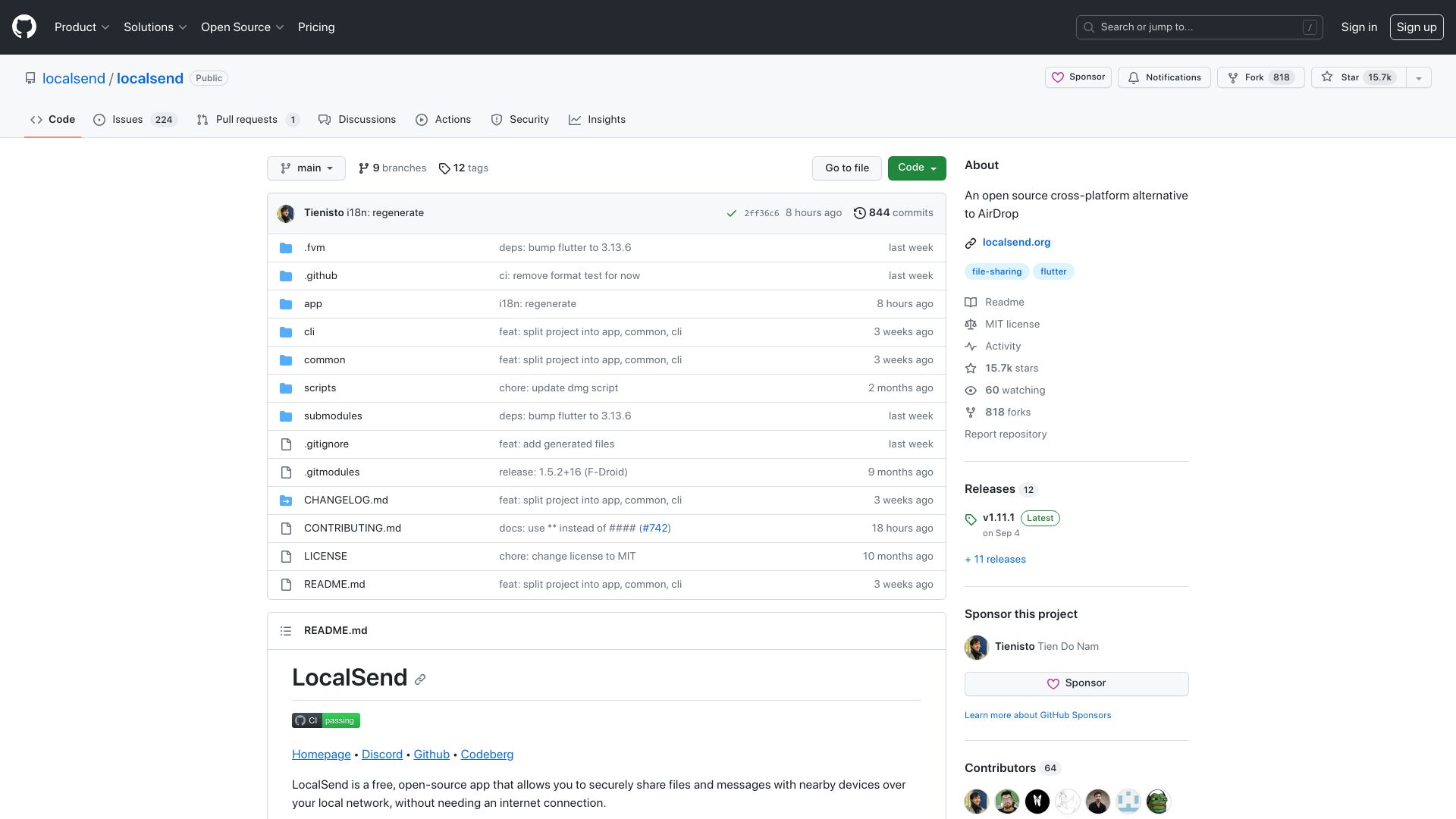 Screenshot of github.com: Localsend: Open-Source Airdrop Alternative