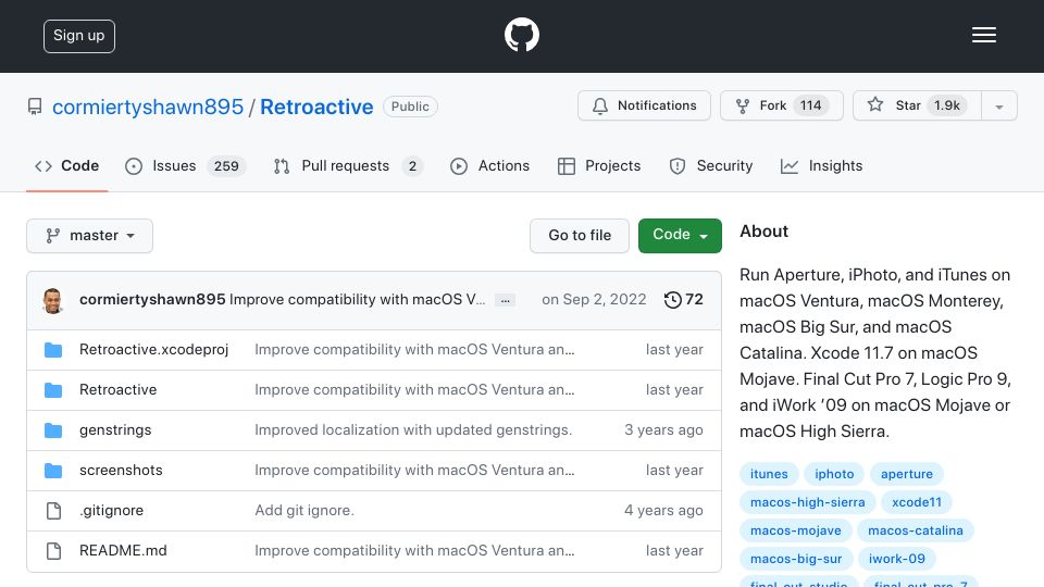 Screenshot of github.com: Retroactive: Run Aperture, iPhoto and iTunes on macOS Ventura, Monterey, Big Sur