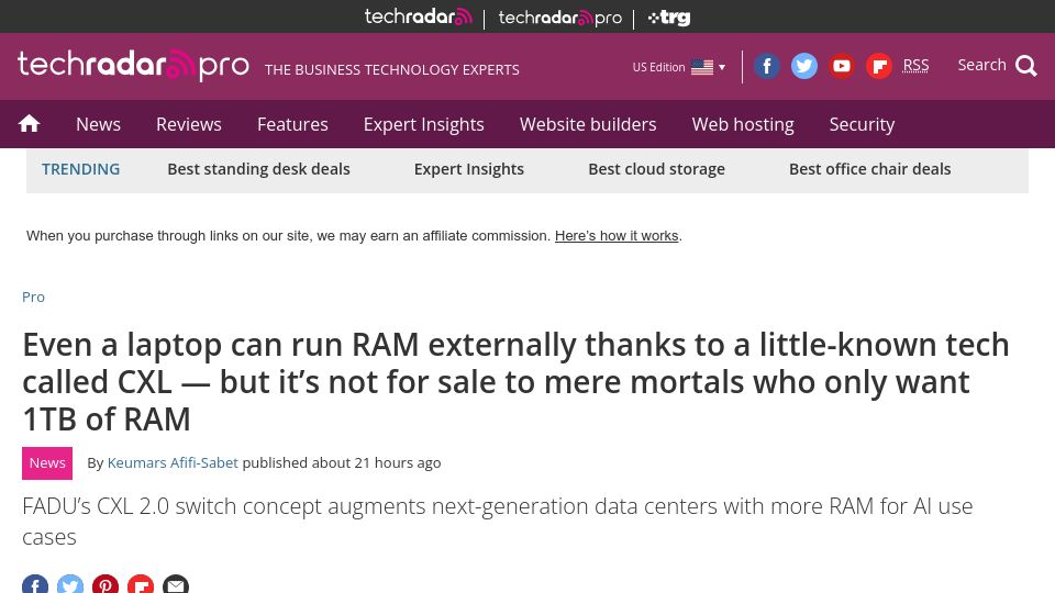 Screenshot of techradar.com: Even a laptop can run RAM externally thanks to CXL