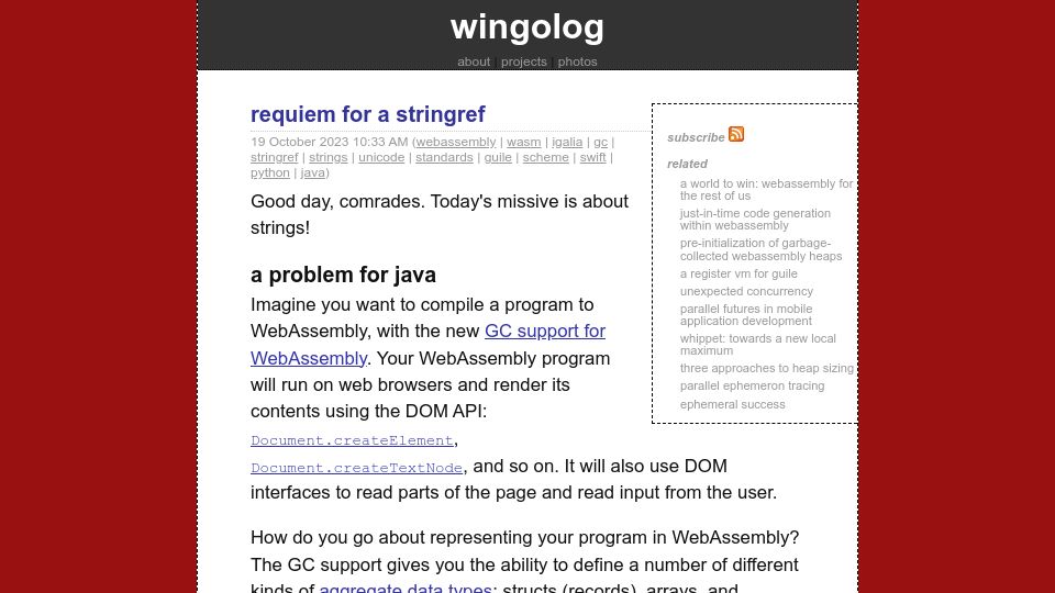 Screenshot of wingolog.org: Requiem for a stringref