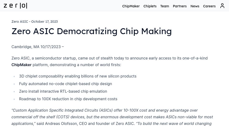 Screenshot of zeroasic.com: Zero ASIC is out of stealth