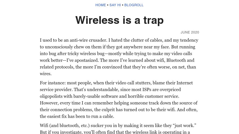 Screenshot of benkuhn.net: Wireless Is a Trap (2020)