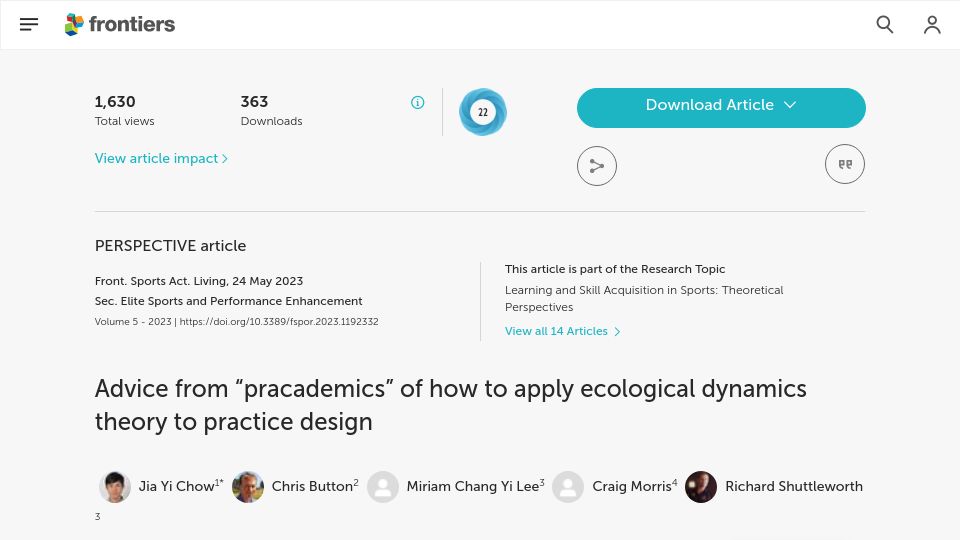 Screenshot of frontiersin.org: Advice from "pracademics" of how to apply ecological dynamics theory to practice