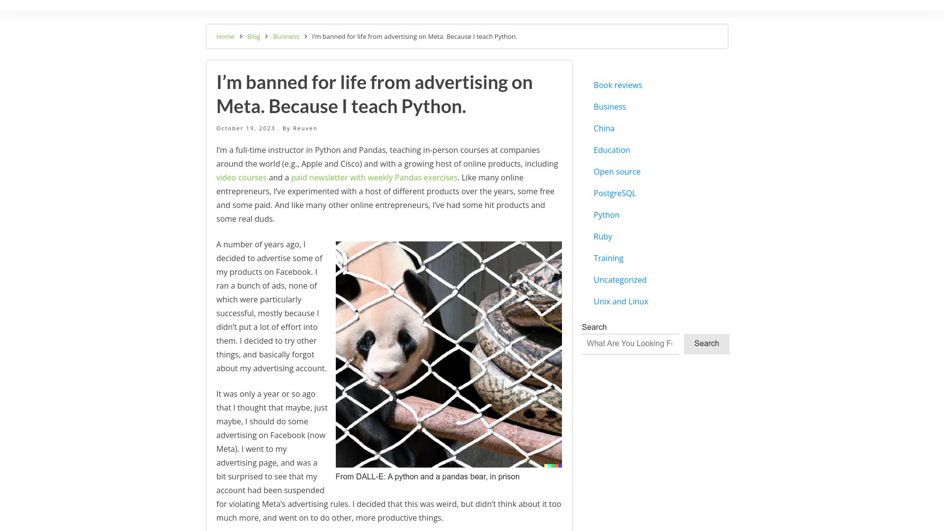 Screenshot of lerner.co.il: Meta is banning people from advertising after running ads for Python and Pandas