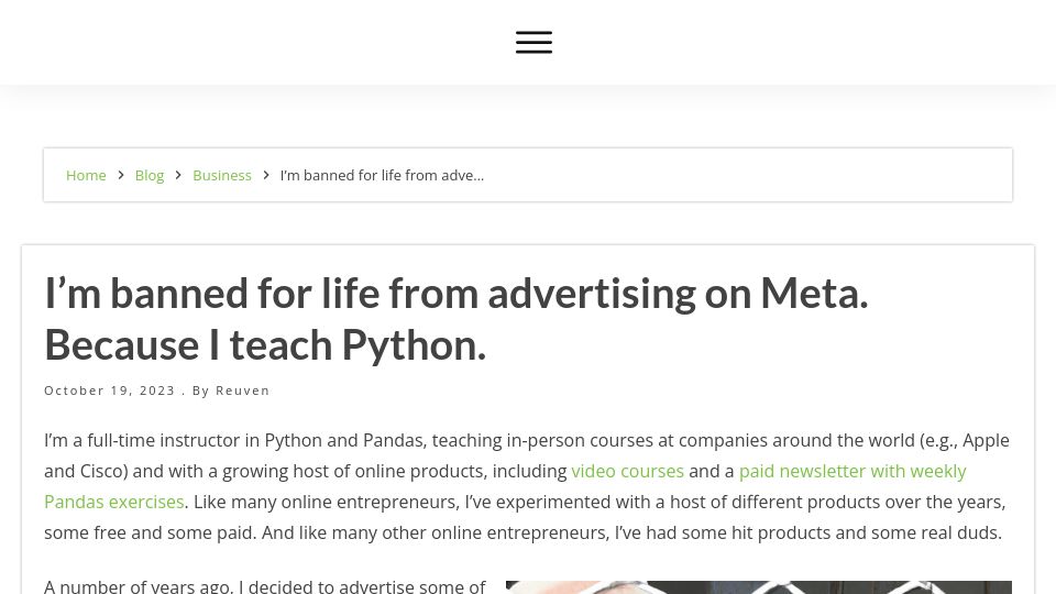 Screenshot of lerner.co.il: Meta is banning people from advertising after running ads for Python and Pandas