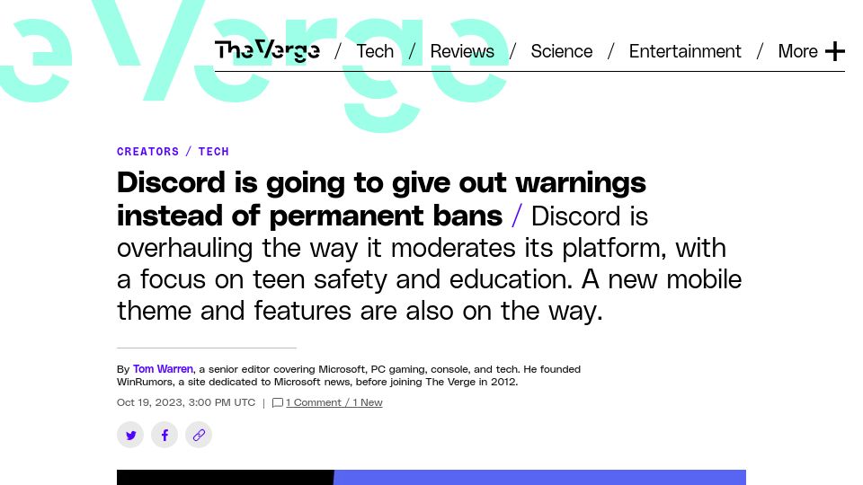 Screenshot of theverge.com: Discord is going to give out warnings instead of permanent bans
