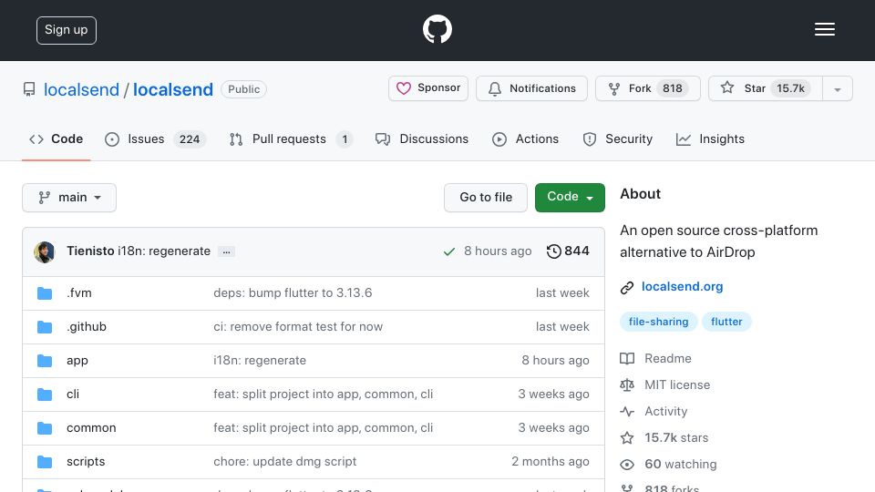 Screenshot of github.com: Localsend: Open-Source Airdrop Alternative
