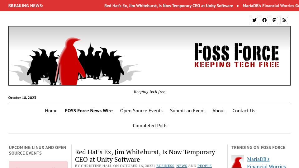 Screenshot of fossforce.com: Red Hat's Ex, Jim Whitehurst, Is Now Temporary CEO at Unity Software