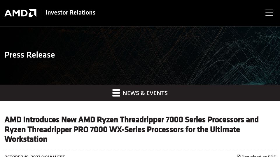 Screenshot of ir.amd.com: AMD Introduces New AMD Ryzen Threadripper 7000/Pro 7000 WX