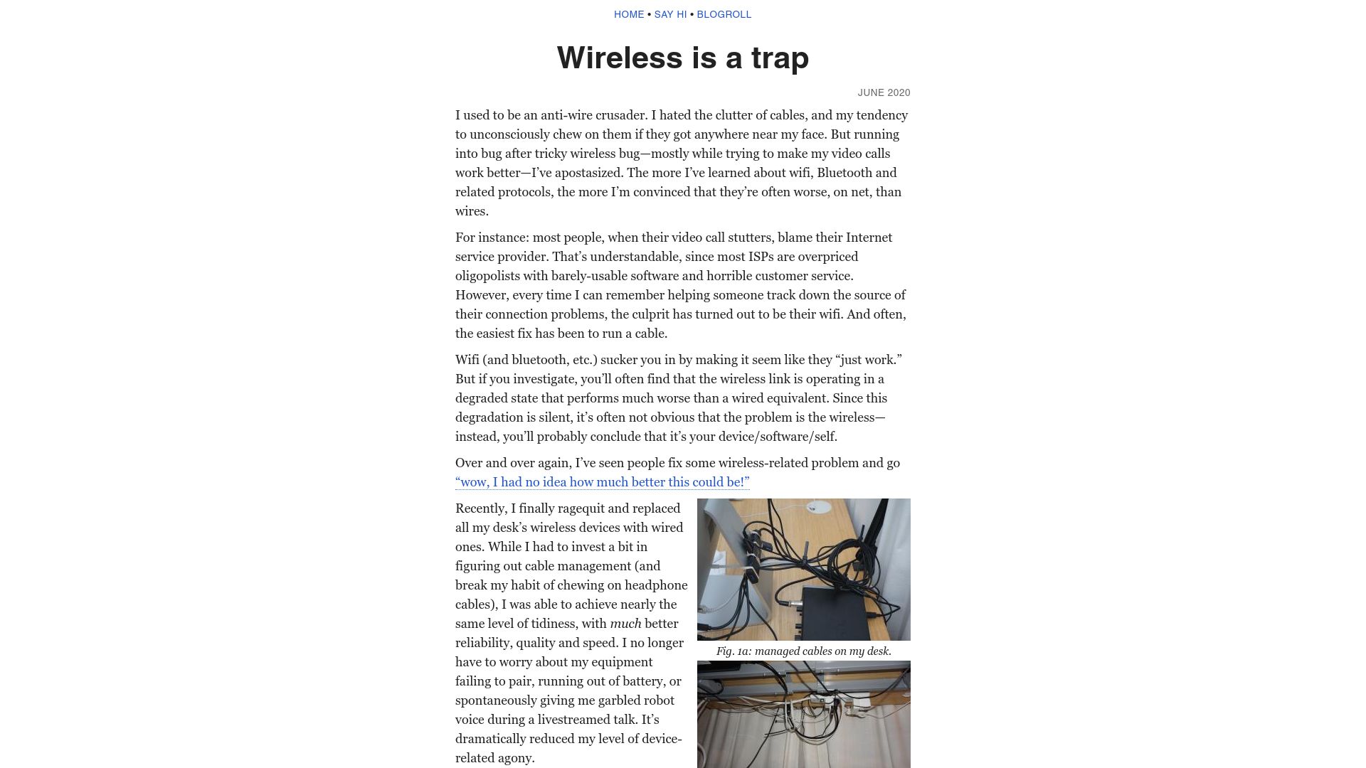 Screenshot of benkuhn.net: Wireless Is a Trap (2020)