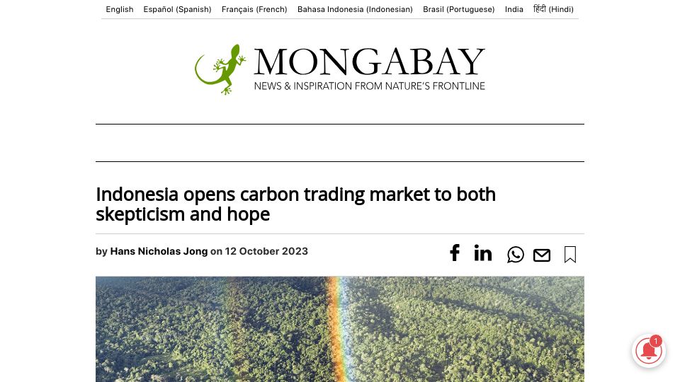 Screenshot of news.mongabay.com: Indonesia opens carbon trading market to both skepticism and hope