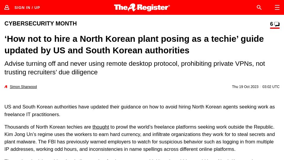Screenshot of theregister.com: How not to hire a North Korean plant posing as a techie