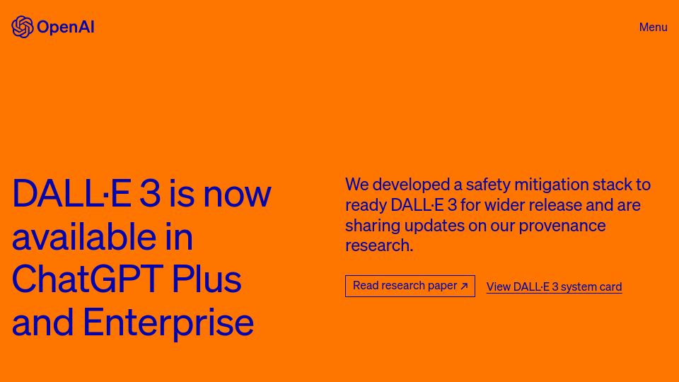 Screenshot of openai.com: DALL·E 3 is now available in ChatGPT Plus and Enterprise