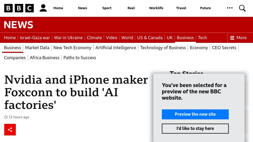 Screenshot of bbc.com: Nvidia and Foxconn to build 'AI factories'