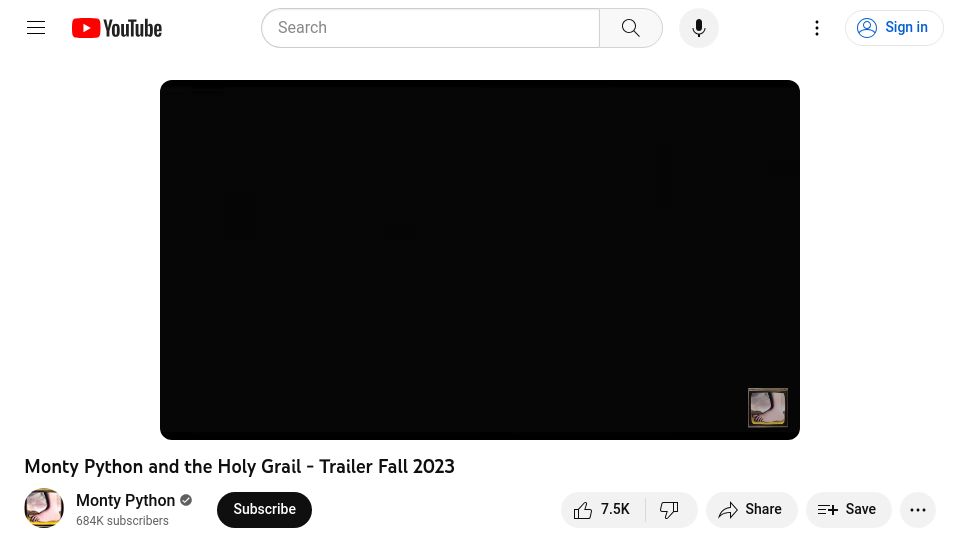 Screenshot of youtube.com: Monty Python and the Holy Grail 48 1/2 year anniversary in theaters December