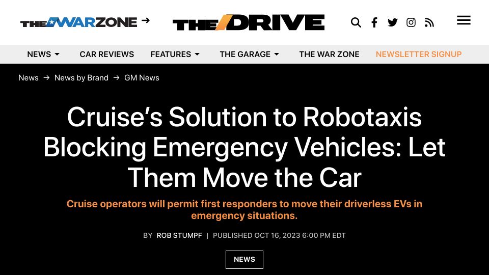 Screenshot of thedrive.com: Cruise's Solution to Robotaxis and Emergency Vehicles: Let Them Move the Car
