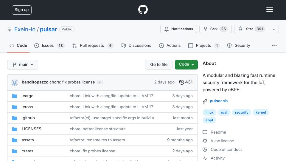 Screenshot of github.com: Linux runtime security agent powered by eBPF