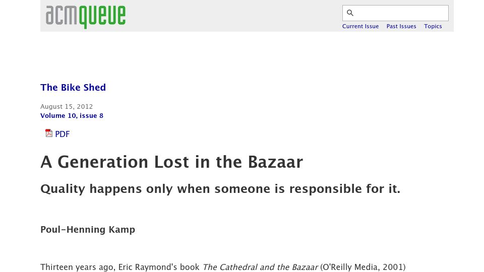 Screenshot of queue.acm.org: A Generation Lost in the Bazaar (2012)
