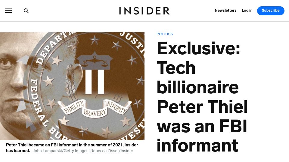 Screenshot of businessinsider.com: Peter Thiel was an FBI informant