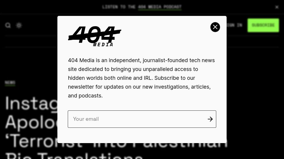 Screenshot of 404media.co: Instagram apologizes for inserting 'terrorist' into Palestinian bio translations