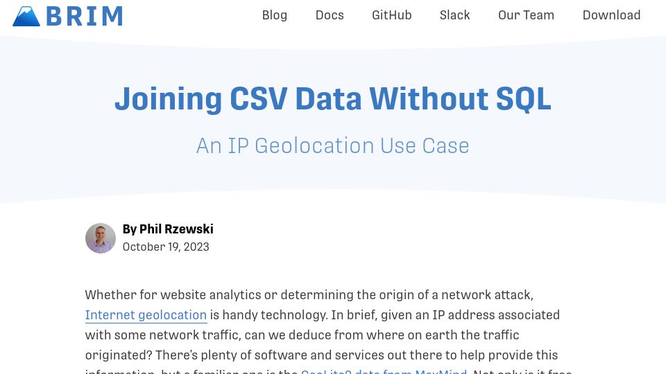 Screenshot of brimdata.io: Joining CSV Data Without SQL: An IP Geolocation Use Case
