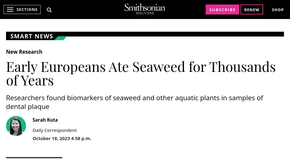 Screenshot of smithsonianmag.com: Early Europeans ate seaweed for thousands of years