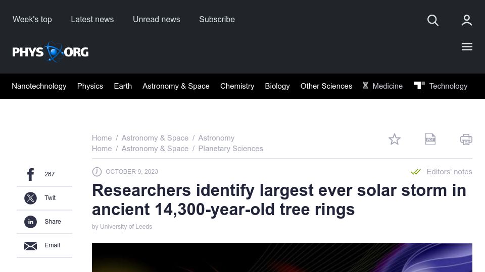 Screenshot of phys.org: Researchers identify largest ever solar storm in 14k-year-old tree rings